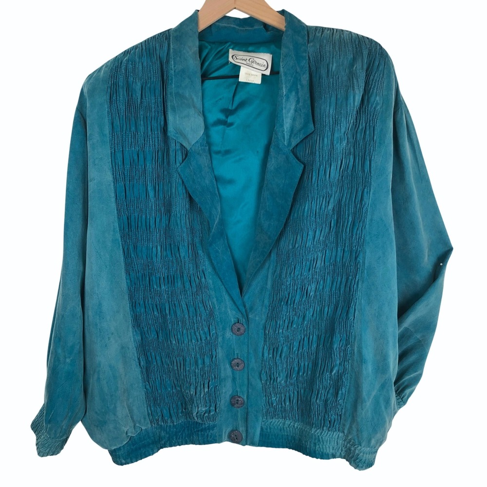 VTG Saint Germain Paris Rayon Smocked Pleated Jacket Women's L Teal Button USA